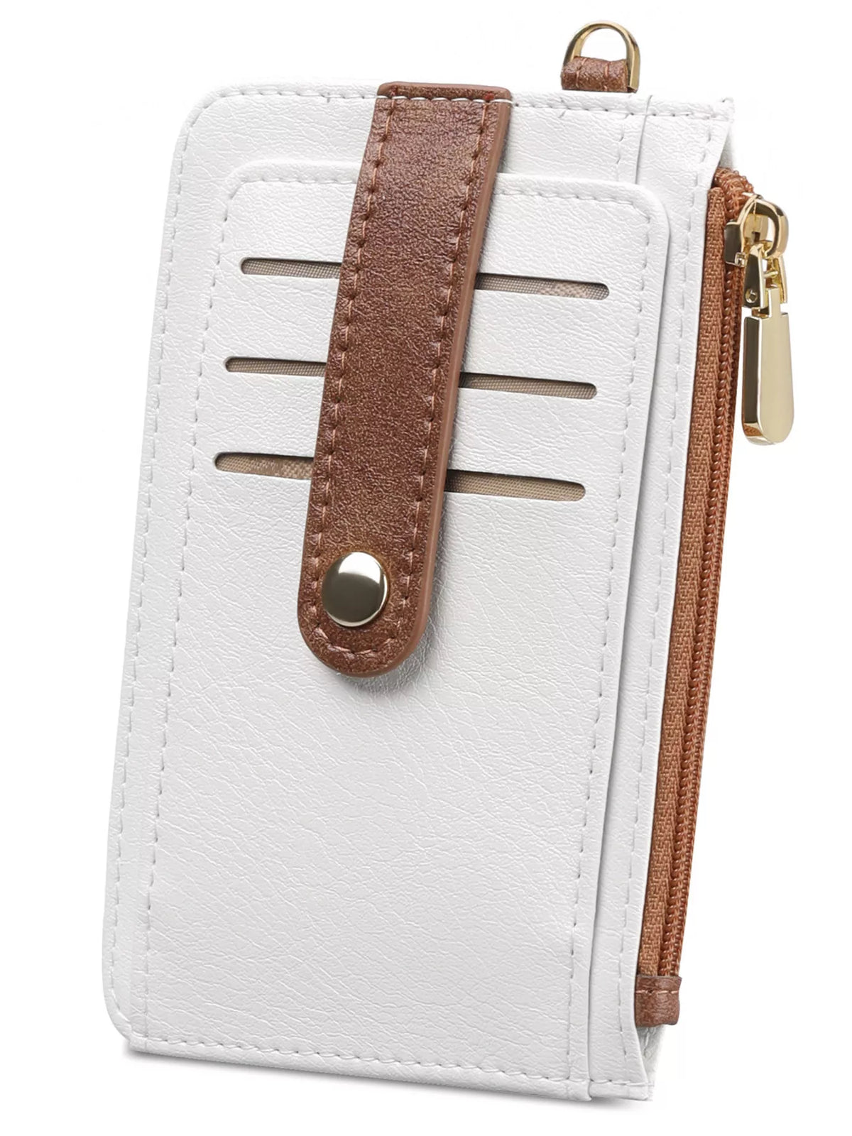 Everyday Zip Card Wallet in White with gold-tone zipper and snap tab