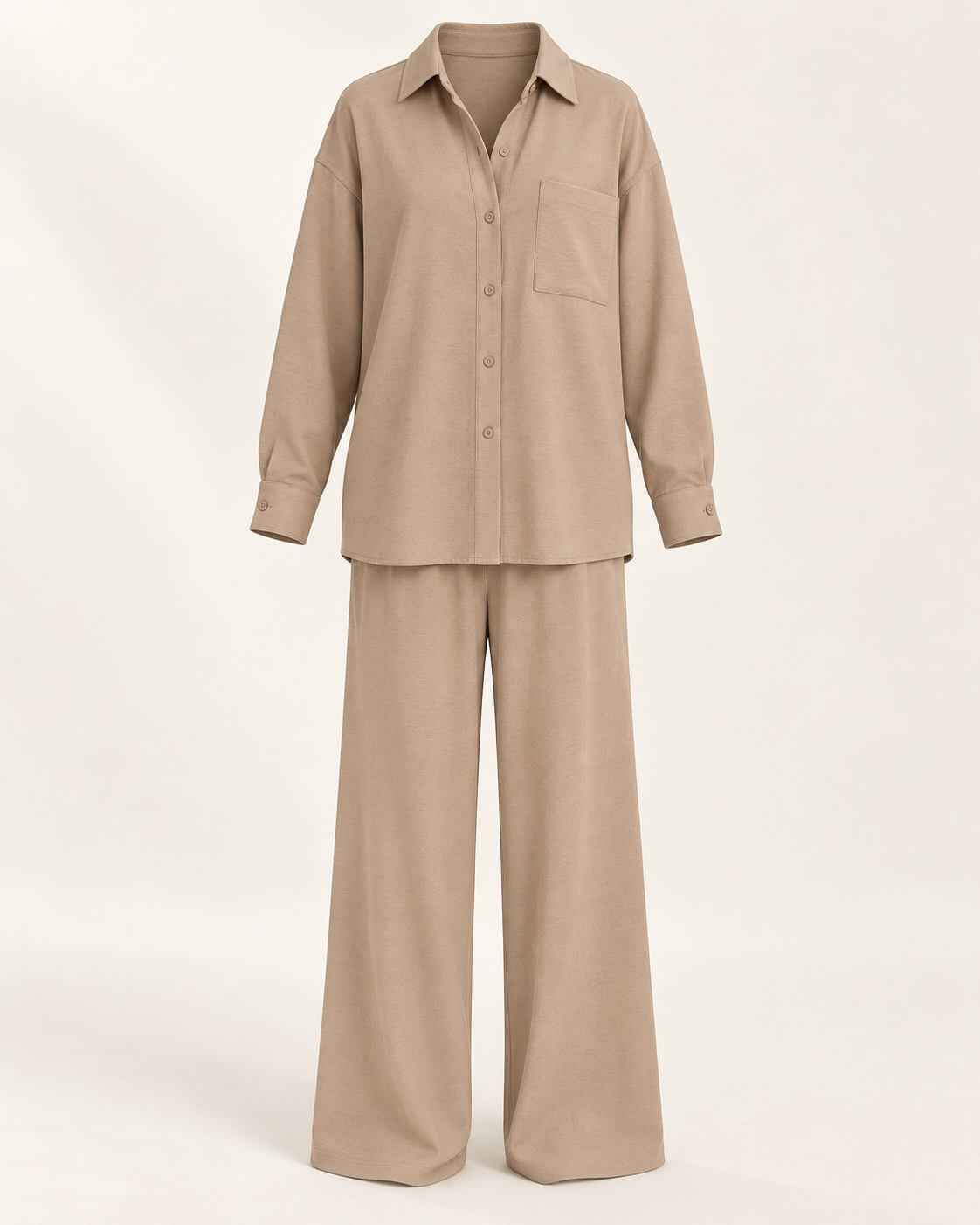 Khaki Everyday Shirt and Trouser Set with a collared button-front shirt and wide-leg pants on an ivory background