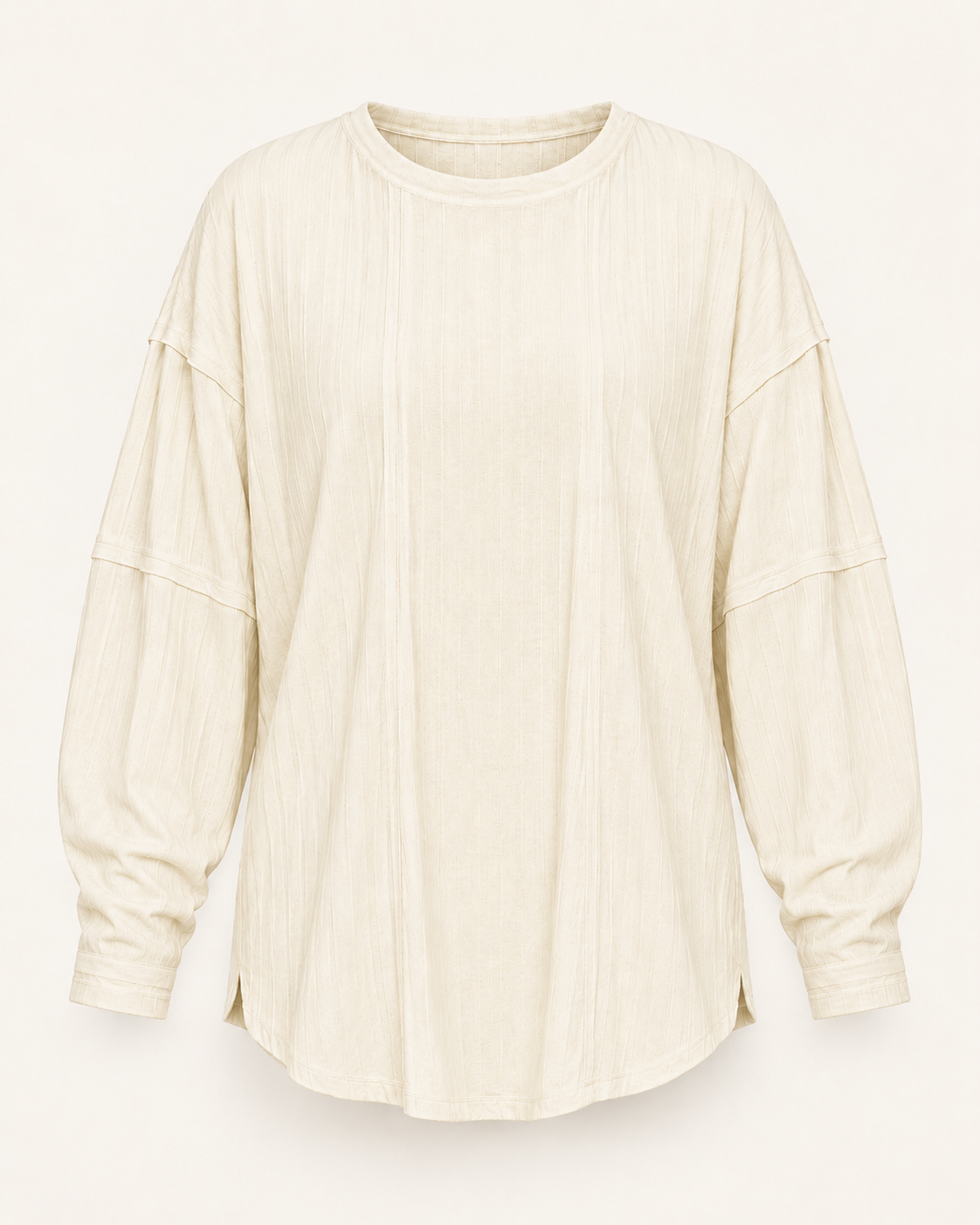Relaxed Ribbed Long-Sleeve Top in Cream, front studio view showing the round neckline, dropped shoulders and curved hem.