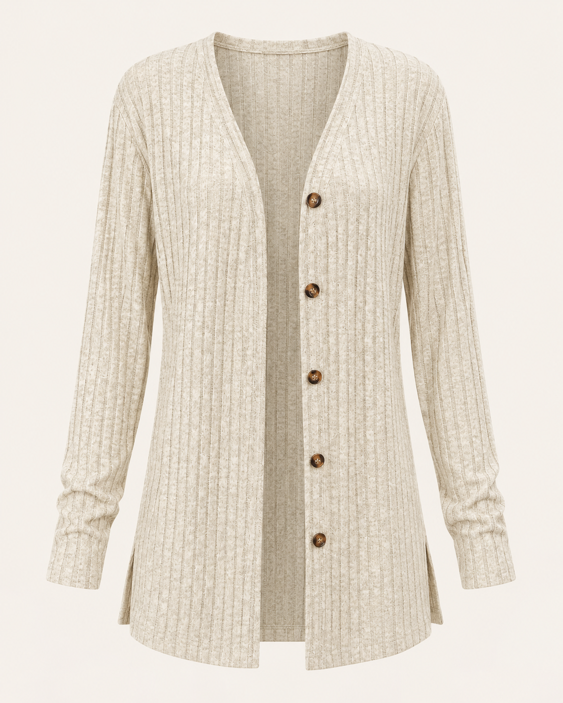 Ribbed Button-Front Cardigan in Beige, studio front view with five brown buttons