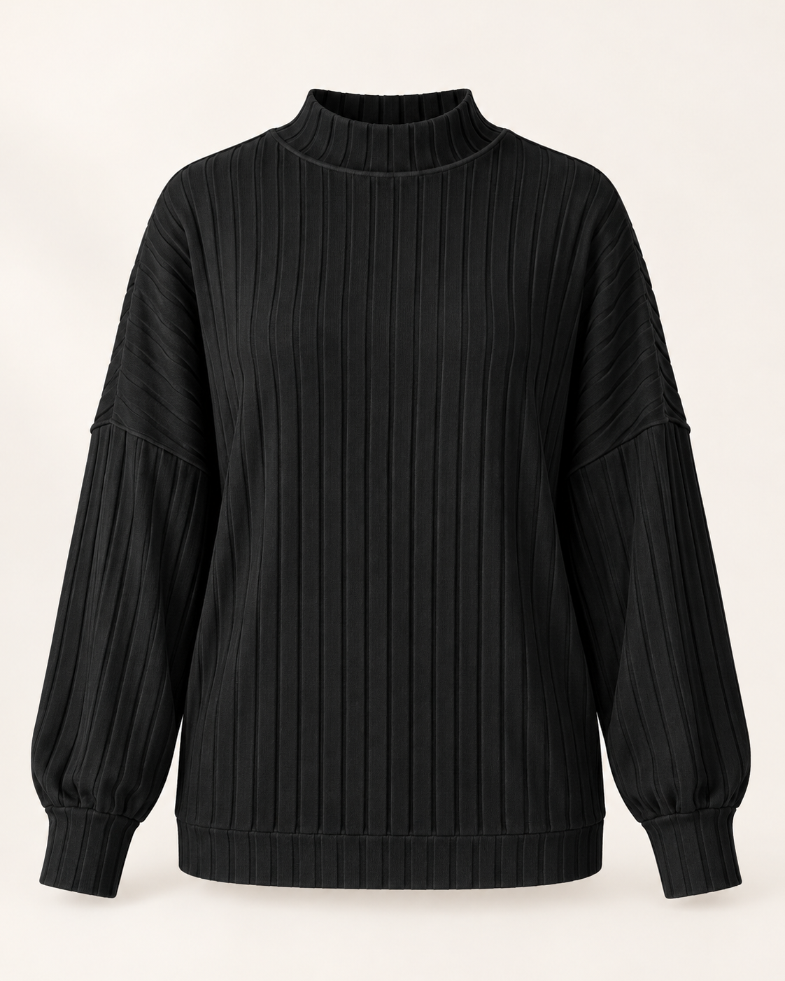Black Ribbed Mock-Neck Top with relaxed dropped shoulders, long sleeves and ribbed cuffs, front studio view.