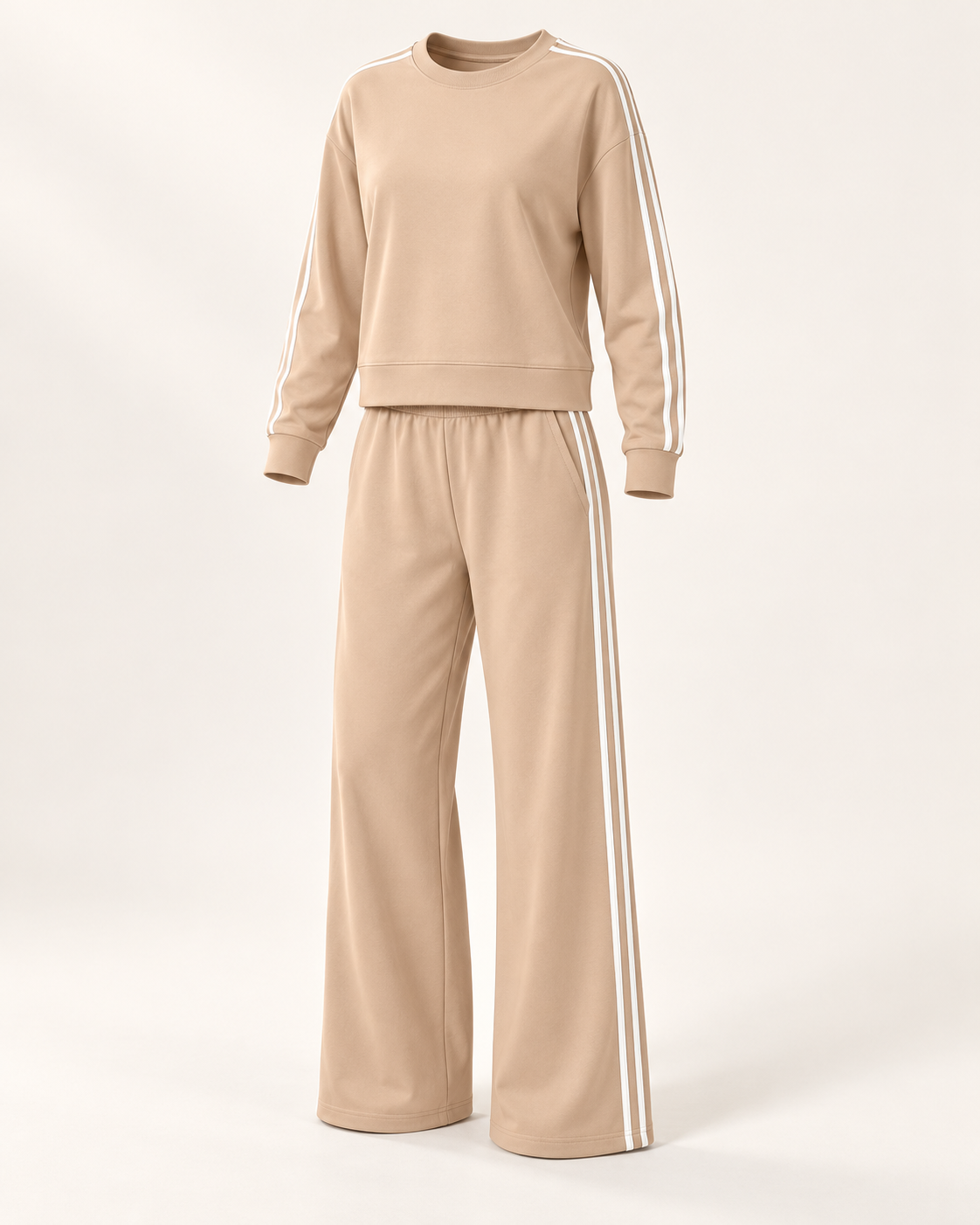 Khaki Side-Stripe Everyday Set with white double stripes, crewneck sweatshirt and wide-leg pants on an ivory background