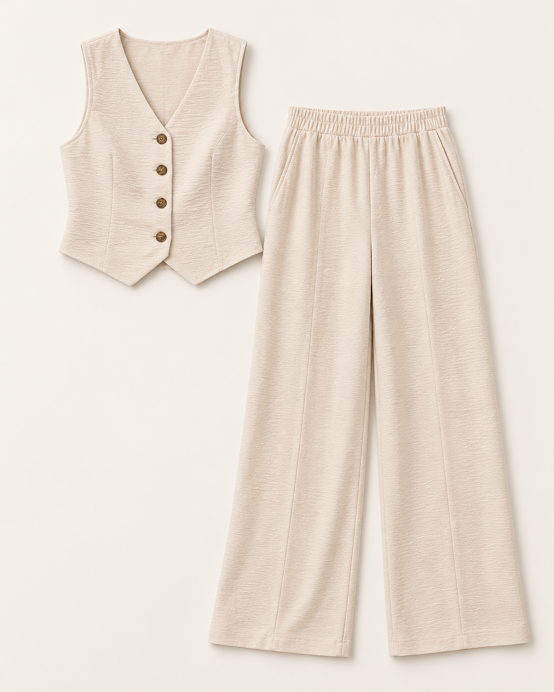 Tan Tailored Vest & Trouser Set: textured four-button vest and matching elastic-waist wide-leg trousers on an ivory background.