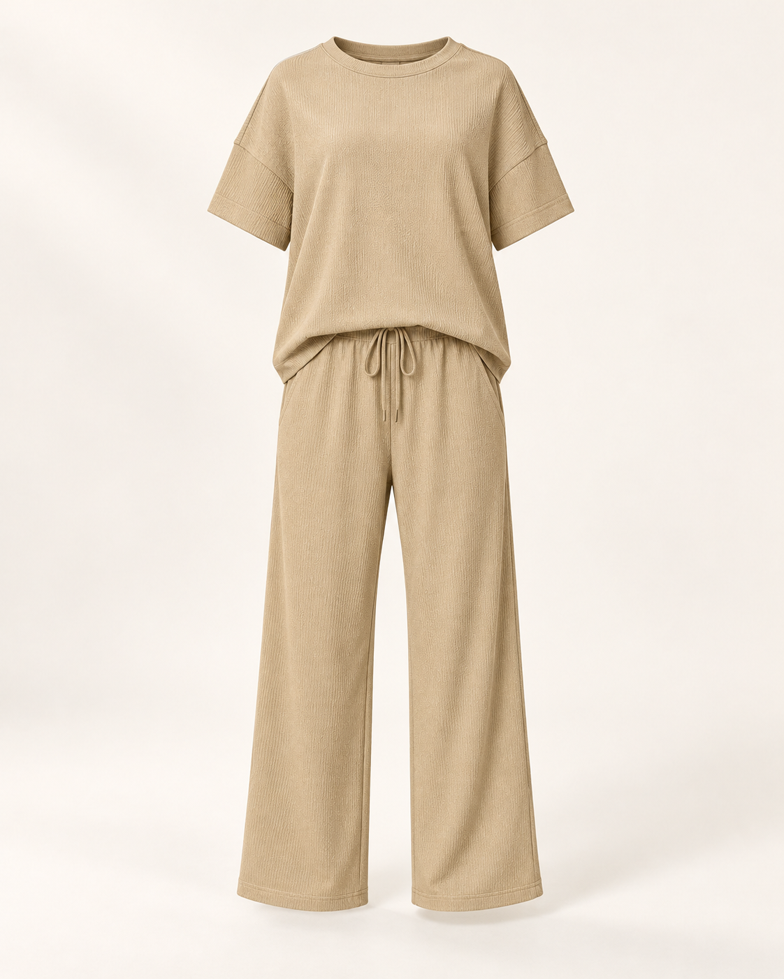Textured Tee & Wide-Leg Set in Khaki, front studio view of the short-sleeve tee and matching drawstring trousers.