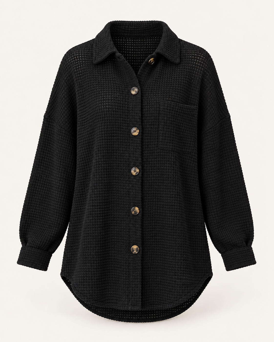 Black Waffle Button-Front Shirt with a collared neckline, chest pocket and rounded hem on an ivory background